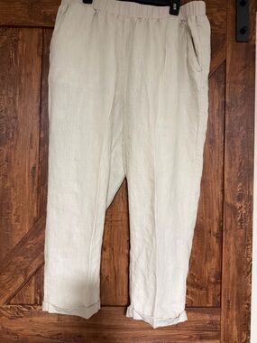 For Cynthia Women 100% Linen Cuffed Pants w/ Pockets Beige 1X